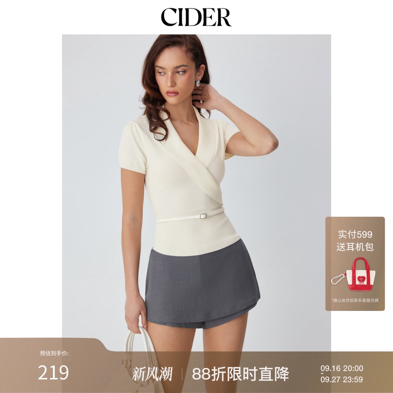 Cider2026 Early Autumn Outfit Knitted V-Neck Wrap Short-Sleeved Lace-Up Top 115281940 Cider2026 Early Autumn Outfit Knitted V-Neck Wrap Short-Sleeved Lace-Up Top 115281940
