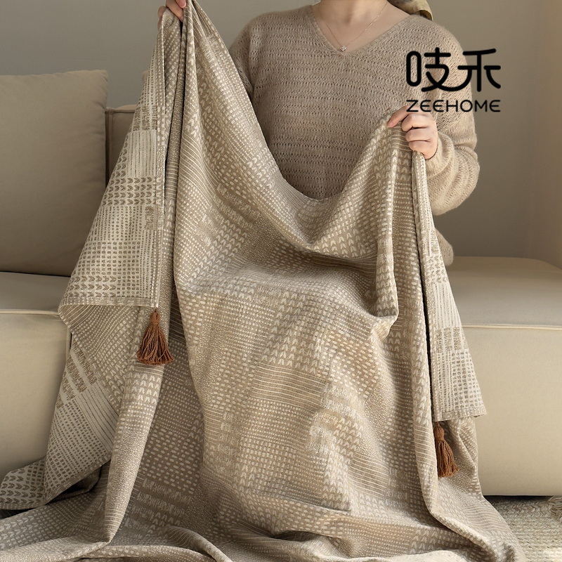 Zhīhé Wabi-Sabi Style Cotton and Linen Jacquard Tassel Throw Blanket Sofa Blanket Model Room Homestay Air Conditioning Blanket Bed End Blanket