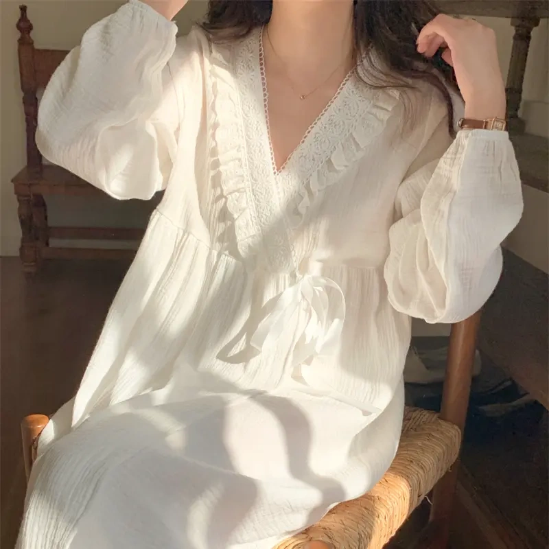 Korea ins Sweet Lace Trim Pure Cotton Gauze Nightgown for Women Spring and Autumn Long Sleeve V-Neck Bathrobe Nightdress Loungewear