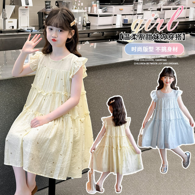 Girls' new 2025 summer children's mid-large children's internet celebrity fashionable Korean sweet girl Feifeisle sleeve princess dress Girls' new 2025 summer children's mid-large children's internet celebrity fashionable Korean sweet girl Feifeisle sleeve princess dress