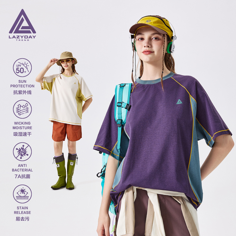 Lazy Day American-Style Color-Blocked Lightweight Sports Quick-Drying T-Shirt for Women in Summer Outdoor Moisture-Wicking and Sun-Protective Short-Sleeved Shirt Lazy Day American-Style Color-Blocked Lightweight Sports Quick-Drying T-Shirt for Women in Summer Outdoor Moisture-Wicking and Sun-Protective Short-Sleeved Shirt