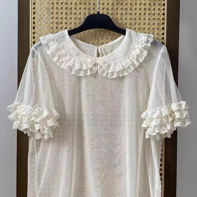 Summer Sheer Lace Shirt with Lolita Doll Collar, Breathable and Versatile Short-Sleeve Shirt, Jsk Base Layer