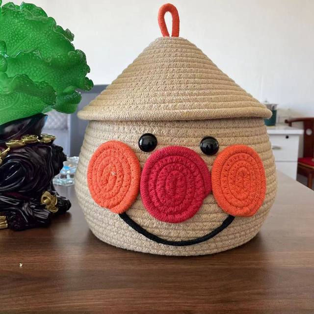 Cartoon woven storage basket with cover desktop storage basket bedside dormitory keys snacks socks miscellaneous cosmetics basket