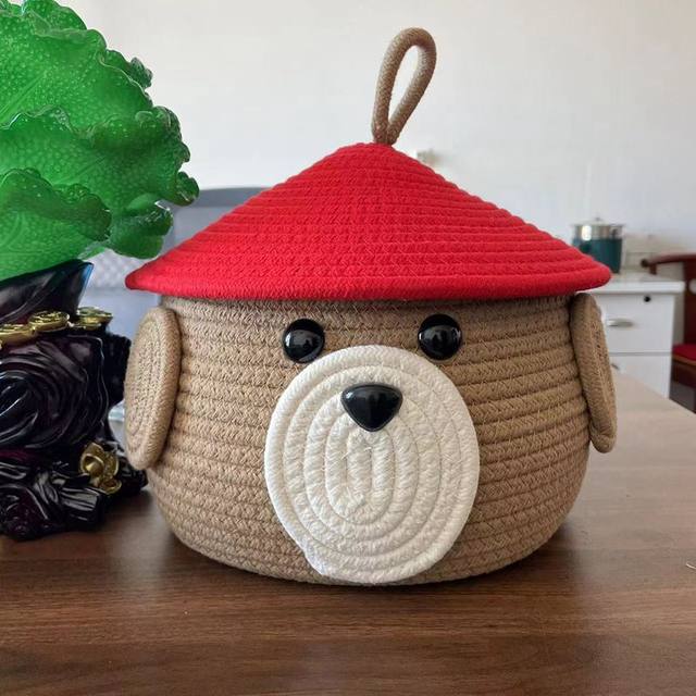 Cartoon woven storage basket with cover desktop storage basket bedside dormitory keys snacks socks miscellaneous cosmetics basket