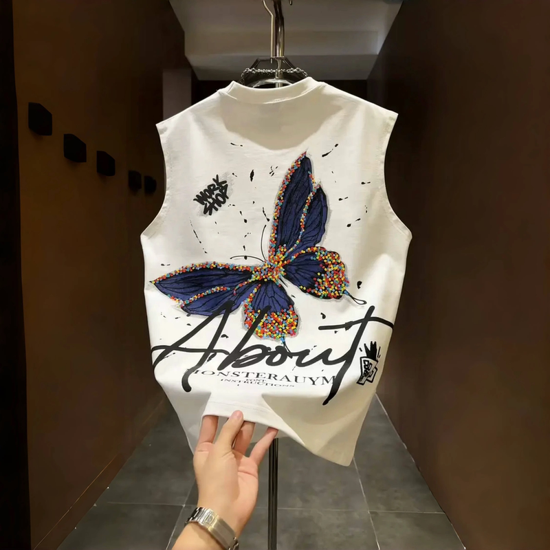 Counter Clearance ~ Big Brand Cut Label, Handsome and Fashionable Painted Butterfly Print for Men and Women, Pure Cotton Sleeveless Vest and Waistcoat ins Counter Clearance ~ Big Brand Cut Label, Handsome and Fashionable Painted Butterfly Print for Men and Women, Pure Cotton Sleeveless Vest and Waistcoat ins