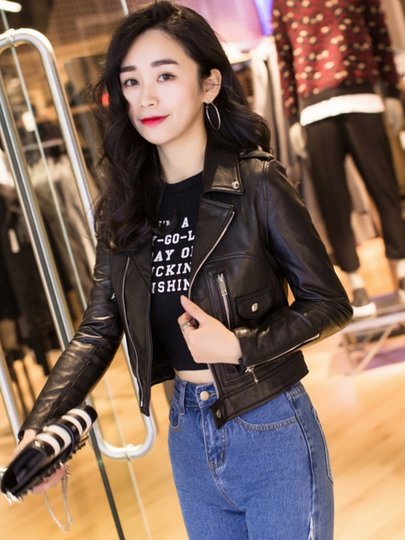 Haining leather jacket for women 2025 spring and autumn Korean style motorcycle high waist small leather jacket versatile short loose jacket women's coat