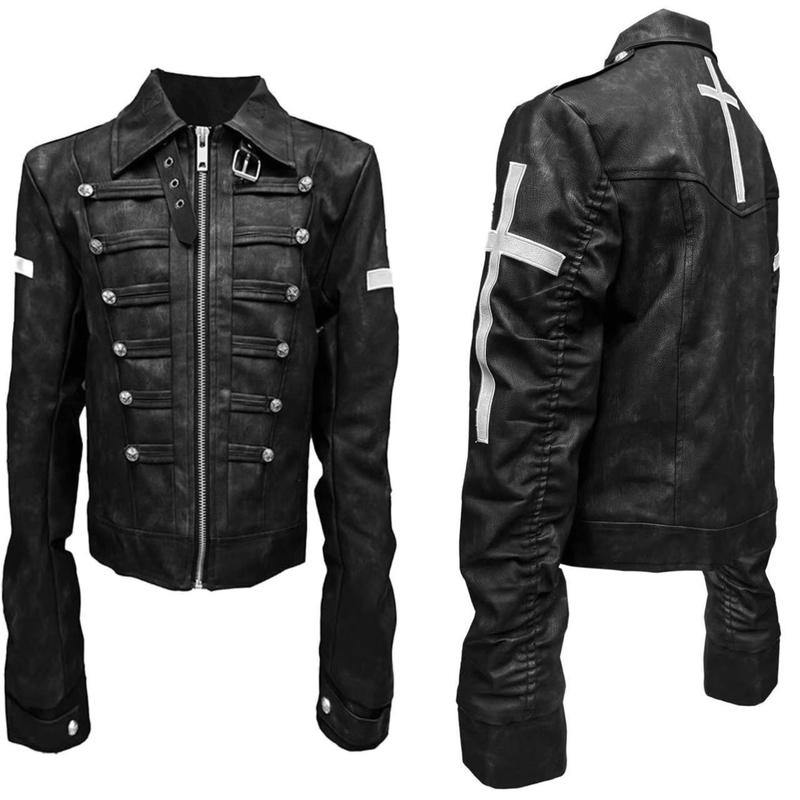Visual Style Slim Fit Cross Subculture Court Style Structured Shoulder Jacket Short Leather Jacket Black Unisex Coat Top