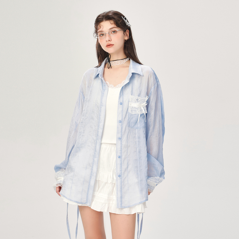 Bzxo Design-Inspired Lace Patchwork Slit Shirt for Women, Long-Sleeved, New Spring/Summer Thin Loose Casual Sun-Protective Jacket