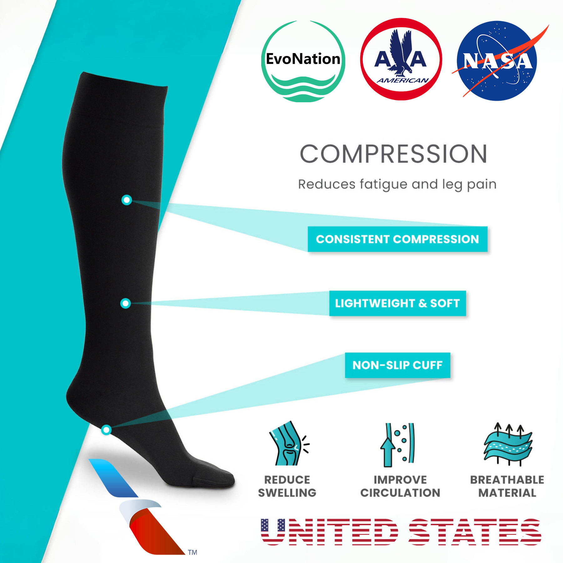 EvoNation Flight Socksは、長距離フライト向けの米国製着圧ソックスで、伸縮性に優れ、男女兼用です。
