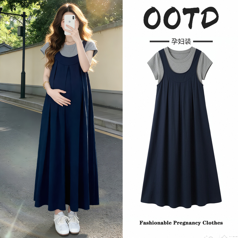 Maternity Summer Outfit for Petite Women 2026 New Stylish Short-Sleeve Top and Suspender Skirt Dress That Doesn'T Make You Look Pregnant Maternity Summer Outfit for Petite Women 2026 New Stylish Short-Sleeve Top and Suspender Skirt Dress That Doesn'T Make You Look Pregnant