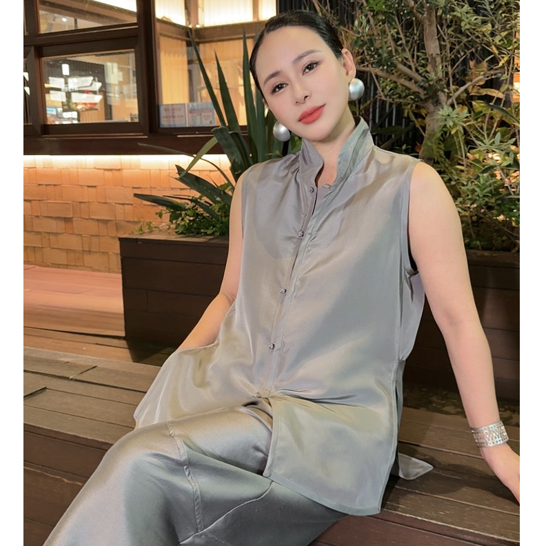 Liqi High-End Custom New Chinese Style Fashion Versatile Casual Short Front Long Back Sleeveless Shirt A7557