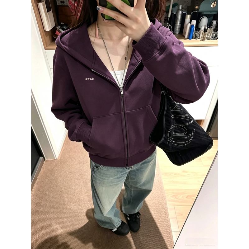 This Year's Trendy Purple Hooded Sweatshirt for Women 2026 New Autumn and Winter Loose and Versatile Design Zipper Cardigan Jacket