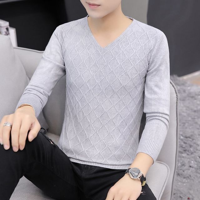 Autumn style men's V-neck sweater thin white slim elastic knitted pullover low-neck wool close-fitting base shirt