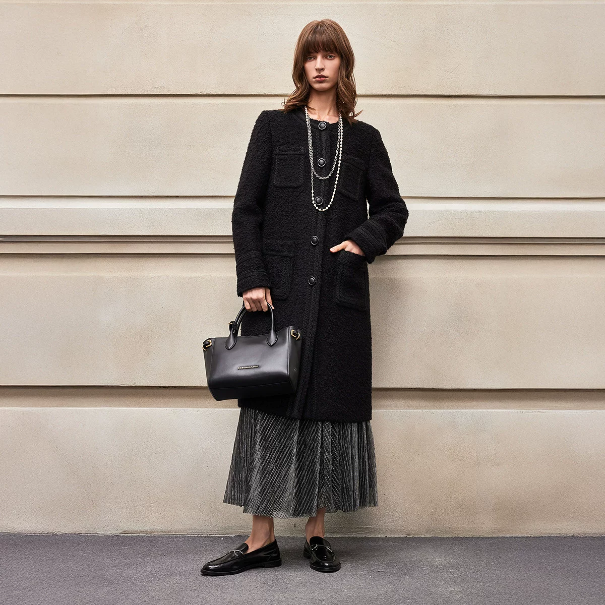 Черная шерстяная текстильная куртка, пальто, средней длины, стиль Chanel