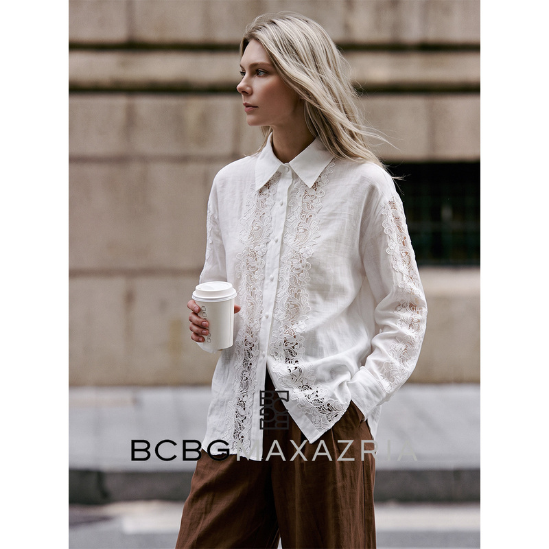 Bcbg French-Style White 100% Linen Hollow Lace Long-Sleeve Shirt for Women, 2026 Autumn Unique Design Turn-Down Collar Top Bcbg French-Style White 100% Linen Hollow Lace Long-Sleeve Shirt for Women, 2026 Autumn Unique Design Turn-Down Collar Top