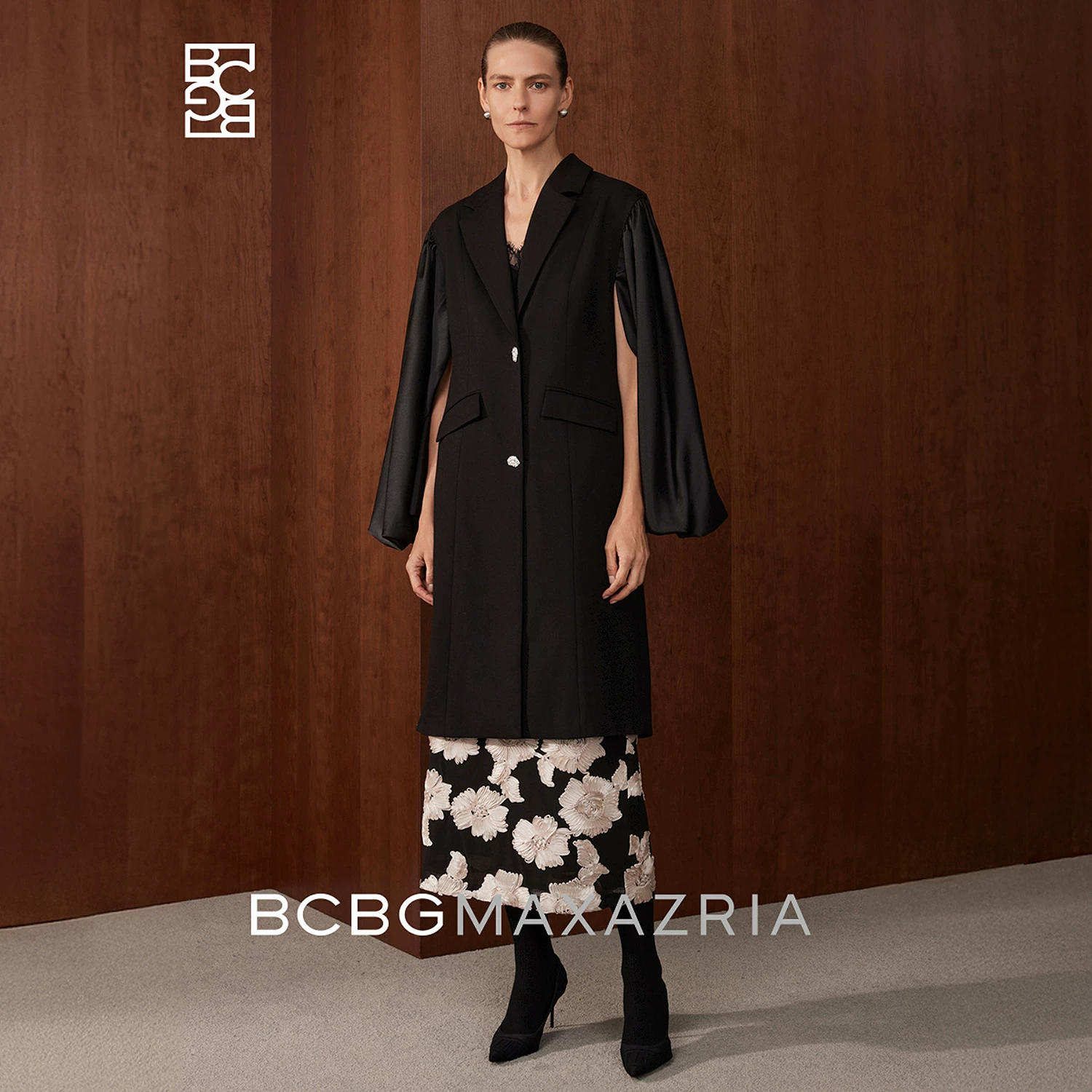 BCBG spring and autumn messy texture drape stitching satin lantern sleeves personalized suit collar commuter windbreaker jacket for women