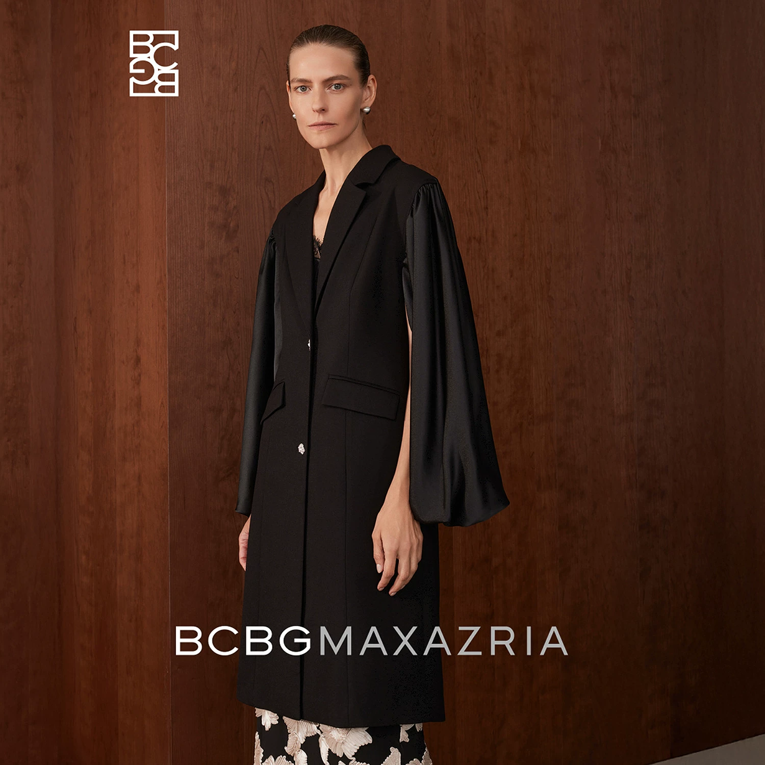 BCBG spring and autumn messy texture drape stitching satin lantern sleeves personalized suit collar commuter windbreaker jacket for women