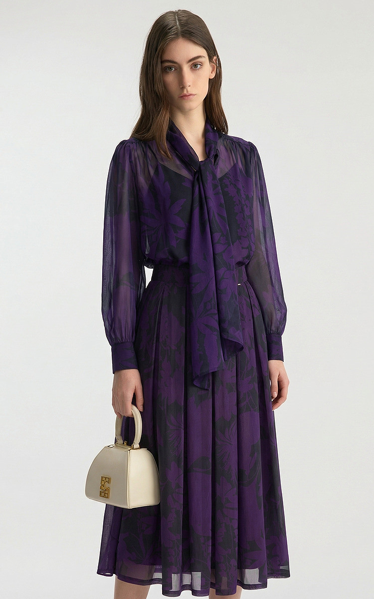 Блогер в этом же моделье Bcbg элегантный Шикарный цветы печать лента воротник темперамент длинный рукав фиолетовый рубашка куртка женщина 