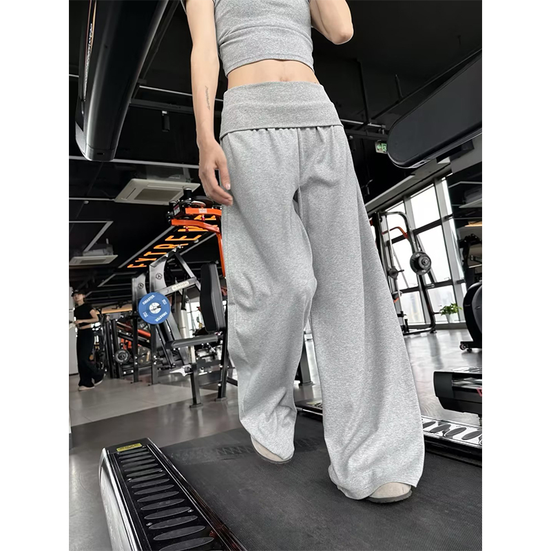 Huang Jiji Gray Cuffed Sweatpants for Women, Summer Thin Loose Fit Gym Straight-Leg Pants, High-Waisted Drapey Casual Wide-Leg Pants