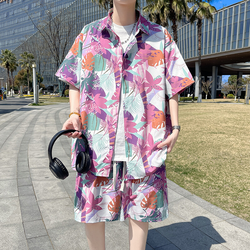 Oxpvp Summer New Ice Silk Short-Sleeved Shirt Suit Men's Hawaiian Beach Vacation Shirt Shorts Two-Piece Set Oxpvp Summer New Ice Silk Short-Sleeved Shirt Suit Men's Hawaiian Beach Vacation Shirt Shorts Two-Piece Set