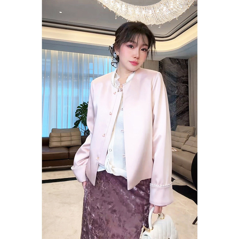 Lao Yang's Private Collection/Pearlescent Pink Satin-Like New Chinese Style Casual Short Jacket Mess01 Lao Yang's Private Collection/Pearlescent Pink Satin-Like New Chinese Style Casual Short Jacket Mess01