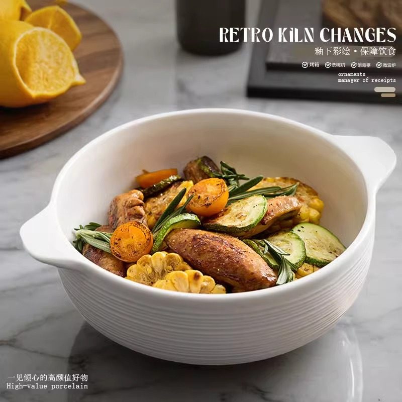 Double-Eared Soup Bowl for Home Use, 2025 New Model, Ceramic Instant Noodle Bowl, Large Capacity Baking Bowl, High-Value Soup Basin, Underglaze Color Tableware