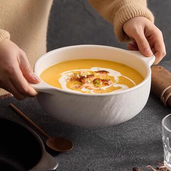 2025 New Double-Handle Soup Bowl, Household Ceramic Instant Noodle Bowl, Large Capacity, Anti-Scalding, Large Bowl with a High-End Feel, Fruit Salad Bowl