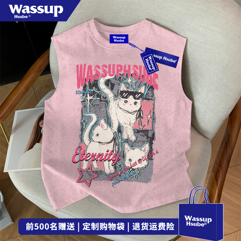 Wassup Fun Cat Letter Print Sleeveless Vest Men's European and American Style Casual Tie-Dye Pink Sleeveless Top