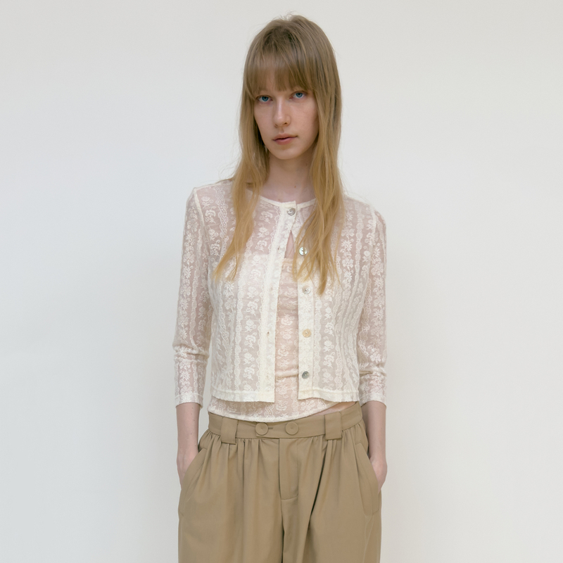 Humor Me Wool Lace Jacquard Three-Quarter Sleeve Short Cardigan with Regular Shoulders Humor Me Wool Lace Jacquard Three-Quarter Sleeve Short Cardigan with Regular Shoulders
