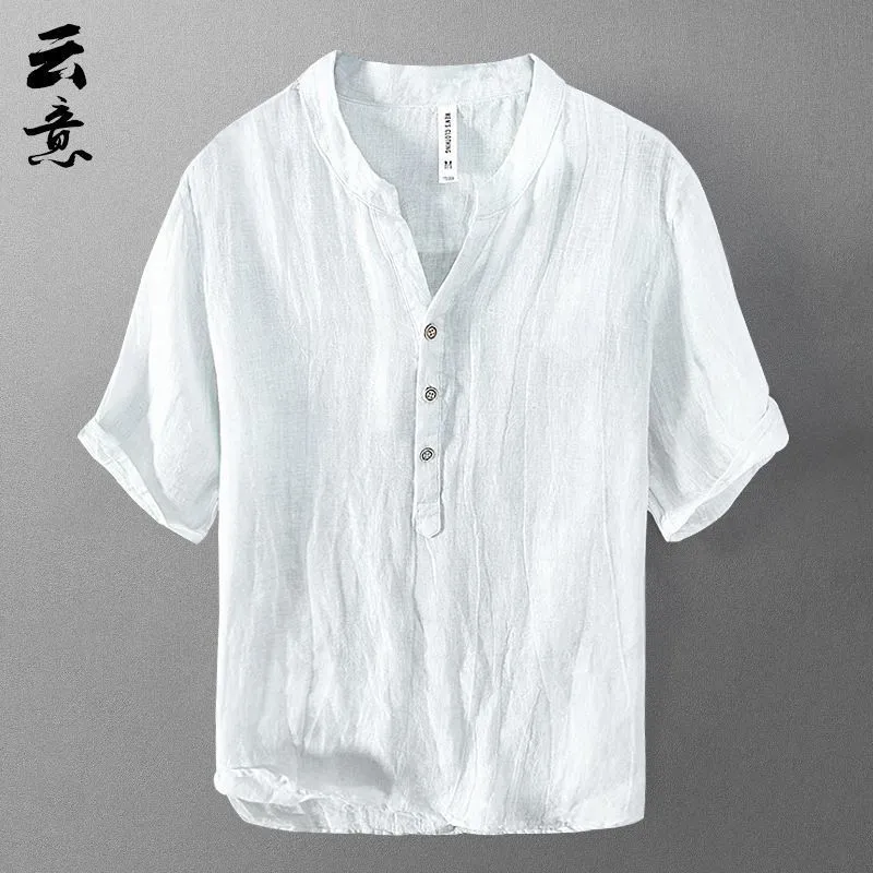 A breathable linen T-shirt, summer thin, retro linen small stand-up collar short-sleeved shirt, men's half-sleeved white