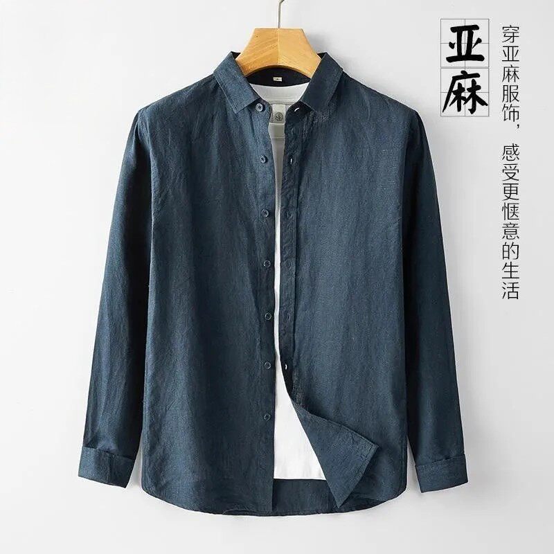 Men's long-sleeved, thin and loose business casual base shirt made of linen, middle-aged breathable cotton and linen sun-protective jacket