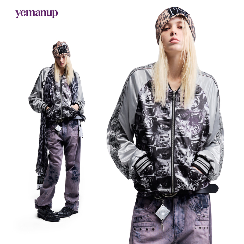 Yemanup*"Trainspotting" Snake Pattern Ribbon Yokosuka Satin Jacket Retro Baseball Jacket Harajuku