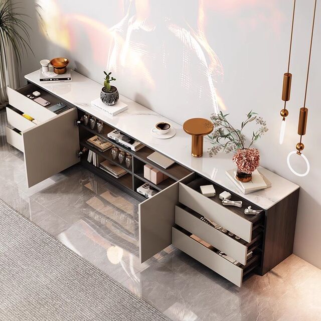 Popular Solid Wood Tv Cabinet 2024 New Model Floor-Standing Rock Slab Integrated Storage Cabinet for Home Living Room Tall Tv Cabinet