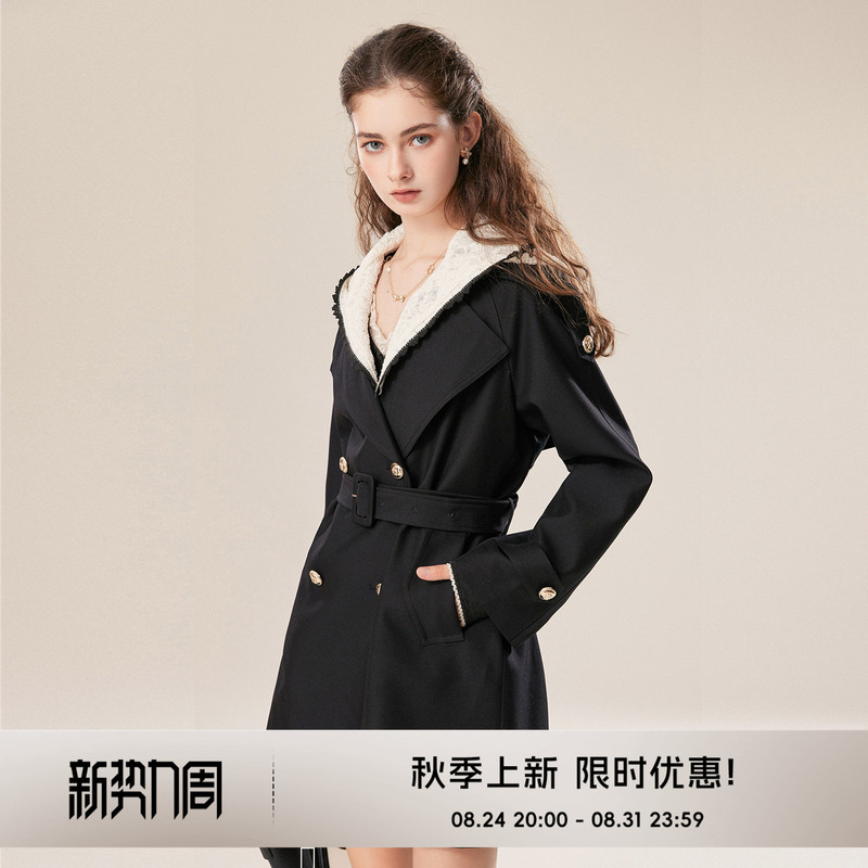 Coco Becci【Lace Night Shadow】Lace Hooded Large Lapel Waist-Cinching Black Trench Coat for Women 2026 Autumn Coco Becci【Lace Night Shadow】Lace Hooded Large Lapel Waist-Cinching Black Trench Coat for Women 2026 Autumn