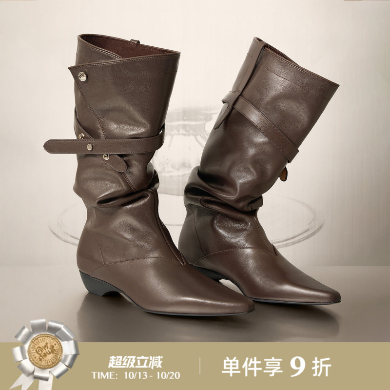 Oriinous Official Store 26Fw New V-Buckle Strap Long Boots Calfskin Slit Wedge Heel Pointed Toe Women's Boots Oriinous Official Store 26Fw New V-Buckle Strap Long Boots Calfskin Slit Wedge Heel Pointed Toe Women's Boots