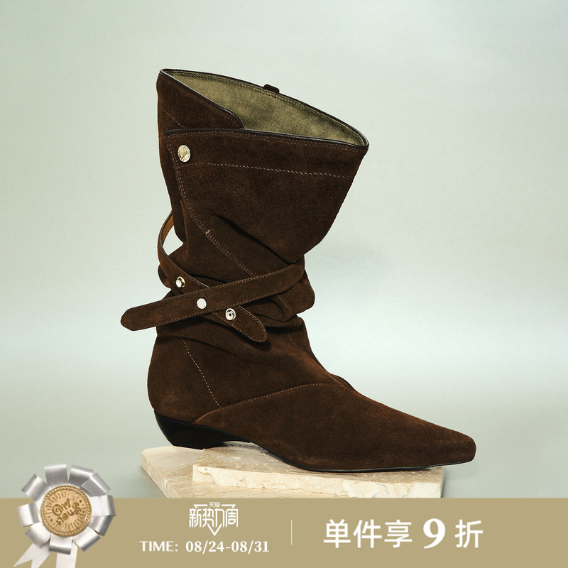【Same Style as the Blogger】Oriinous Official Direct Sales 26 Fall/Winter V-Buckle Boots, Retro Stacked Low-Heeled Pointed Boots