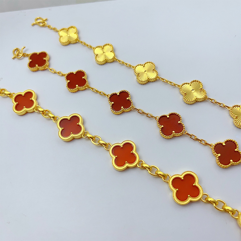 Five-Flower Bracelet, Gold-Plated with Silver, Red Agate, 2026 New Model, Four-Leaf Clover, Light Luxury Style, Gold Inlaid, Adjustable, Gift for Girlfriend