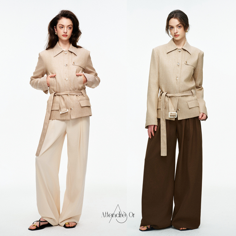 Attendre or Oatmeal Gold Old Money Style Linen Waist-Cinching Short Jacket Women's Autumn Belted Jacket 2026 Autumn