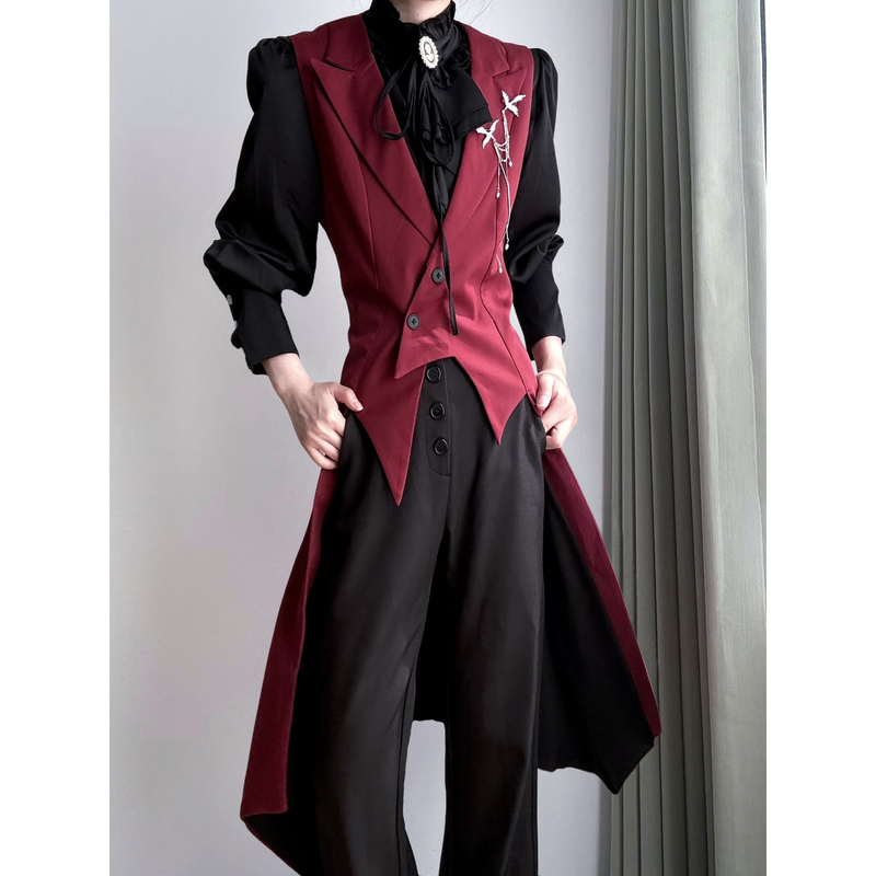 Stun Dark Red Suit Uniform with Peaked Lapel, Swallowtail, Long Vest, Slim Fit, Waist-Cinching Long Vest Jacket