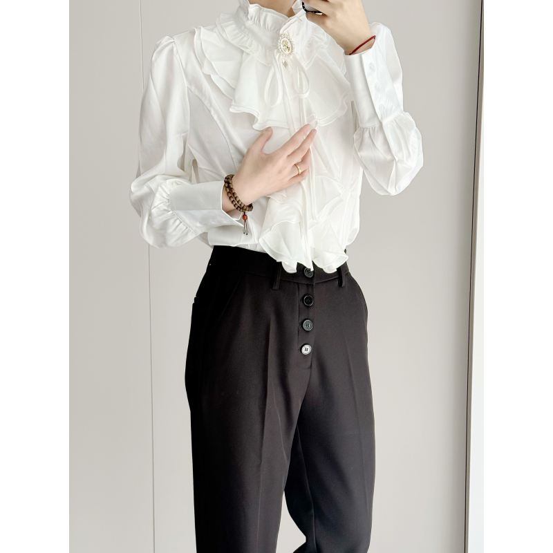 Stun Design-Inspired Palace-Style White Shirt, Le-Style French Long-Sleeved Top, High-End Vintage Black Shirt