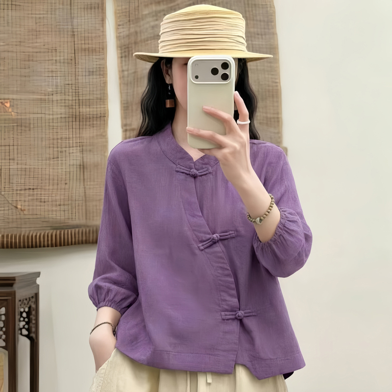 Autumn Long-Sleeved Shirt with Ethnic Style, Button-Up Blouse, New Chinese Style Double-Layer Cotton, National Style, Trendy, Figure-Flattering Top for Women Autumn Long-Sleeved Shirt with Ethnic Style, Button-Up Blouse, New Chinese Style Double-Layer Cotton, National Style, Trendy, Figure-Flattering Top for Women