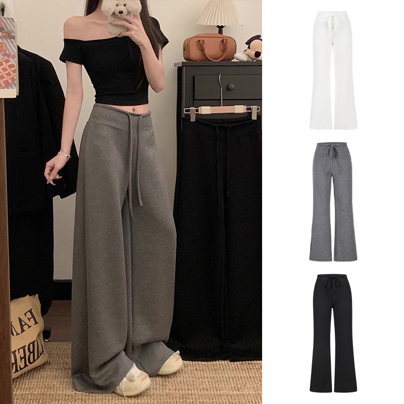 Mosesqueen Space Cotton Gray Sweatpants Casual High-Waisted Drapey Floor-Length Wide-Leg Pants