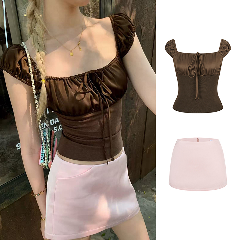 Mosesqueen Pink Acetate Satin Skirt, Hip-Hugging Short Skirt, Small Flutter-Sleeve Top Two-Piece Set Mosesqueen Pink Acetate Satin Skirt, Hip-Hugging Short Skirt, Small Flutter-Sleeve Top Two-Piece Set