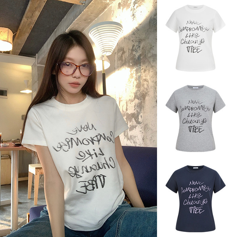 Mosesqueen White Letter Print Short-Sleeved T-Shirt for Women, Summer Loose Slimming Round Neck Top