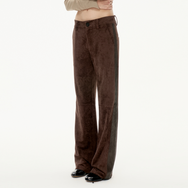 Comme Ink Retro Dark Brown Thick Drape Faux Suede Trousers with Side Leather Inserts, Slimming Straight-Leg Pants Comme Ink Retro Dark Brown Thick Drape Faux Suede Trousers with Side Leather Inserts, Slimming Straight-Leg Pants