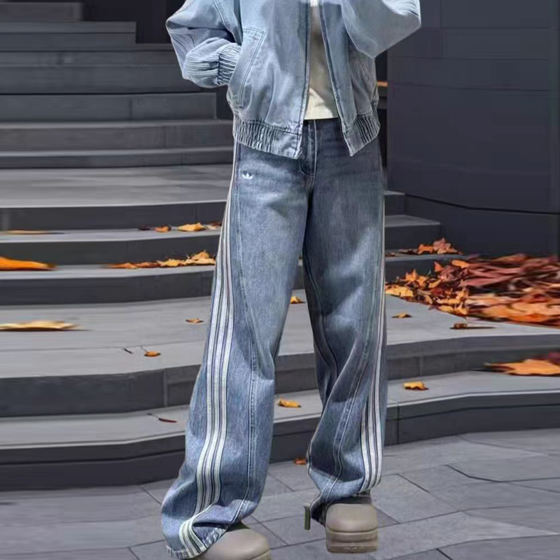 Song Yuqi Style Three-Stripe Retro Jeans for Women, Slimming Scimitar Wide-Leg Pants, Sporty Casual Washed Straight-Leg Pants