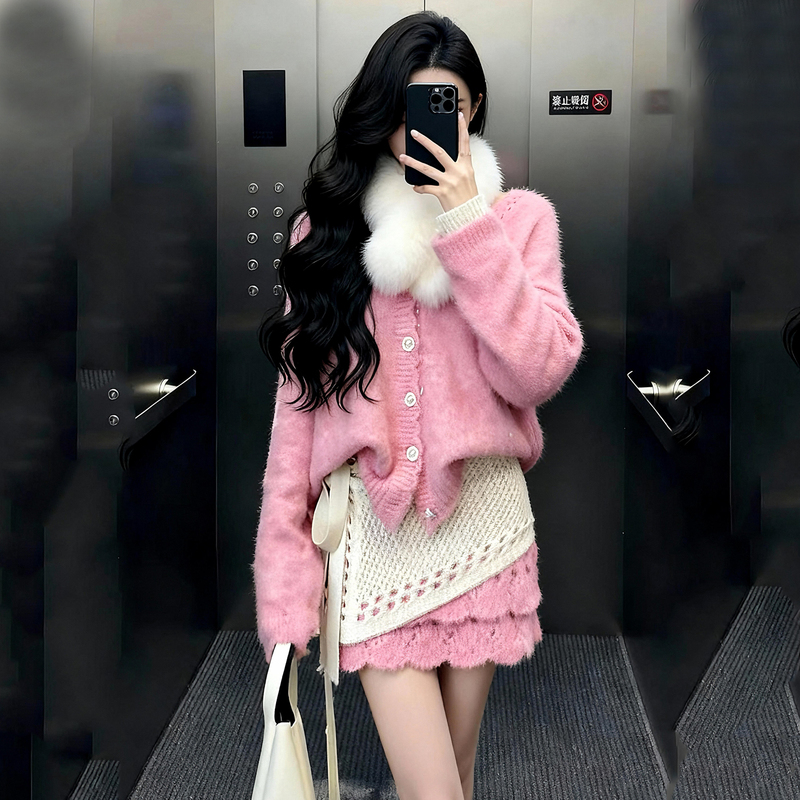 Kgai Sweet and Elegant Pink Knitted Cardigan Set for Women, Autumn and Winter Soft Plush Three-Piece Set with Short Skirt in Chanel Style