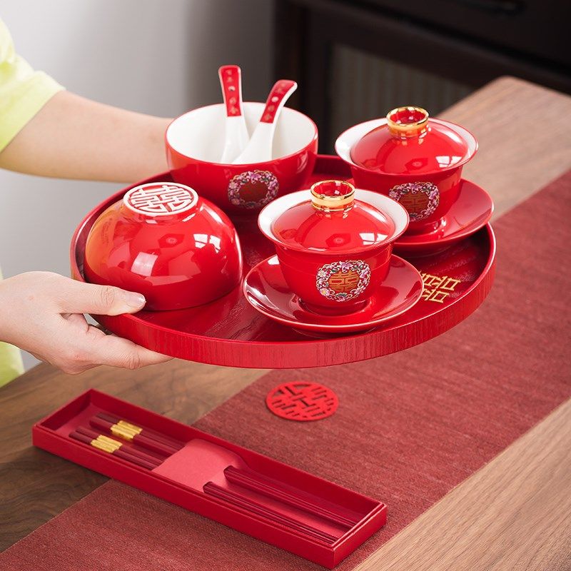 A couple gets married and talks about teacup set wedding red ceramic pair wedding cup bowl tea set dowry gift