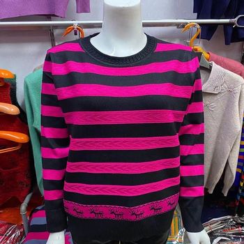 Spring and autumn middle-aged and elderly women's round neck knitted thin sweater long-sleeved striped bottoming shirt loose mom top
