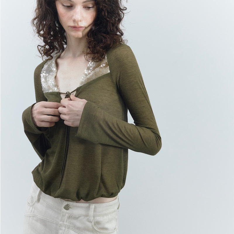 Mottoless Seaweed Green Coffee Gradient Sequin Patchwork Deep V-Neck Thin Strap Loose Lazy Knit Top Mottoless Seaweed Green Coffee Gradient Sequin Patchwork Deep V-Neck Thin Strap Loose Lazy Knit Top